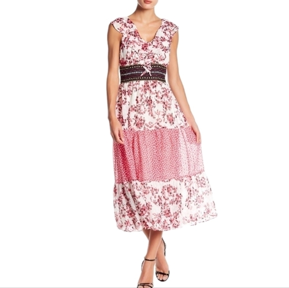 TAYLOR Ruffle V-Neck Chiffon Empire Waist White Pink Flowing Dress Size 6 - Picture 2 of 14